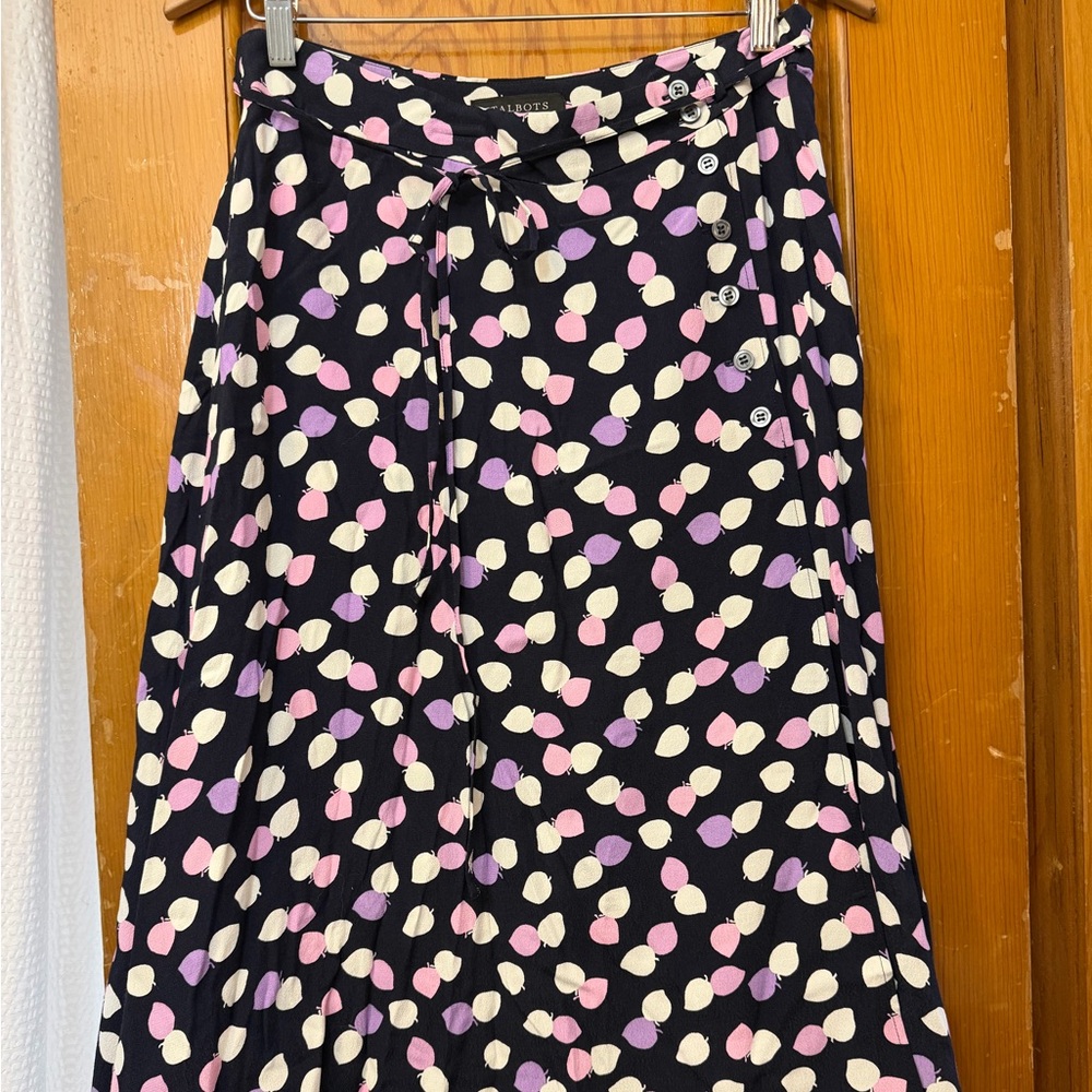 NWT Talbots Navy A-Line Leaf Dot Viscose MIDI Skirt 10P Pleated